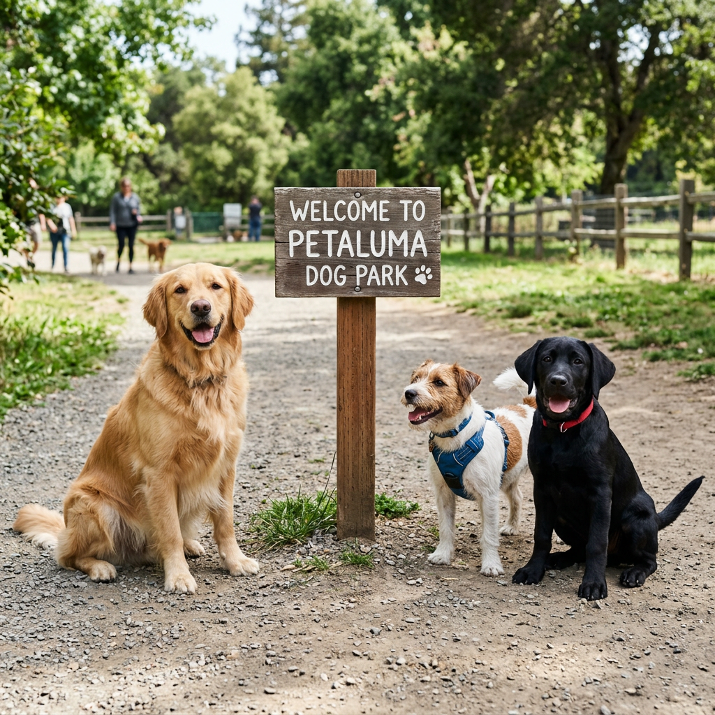 Golden retriever, Jack Russell terrier, and black Labrador sitting near a wooden sign reading Welcome to Petaluma Dog Park